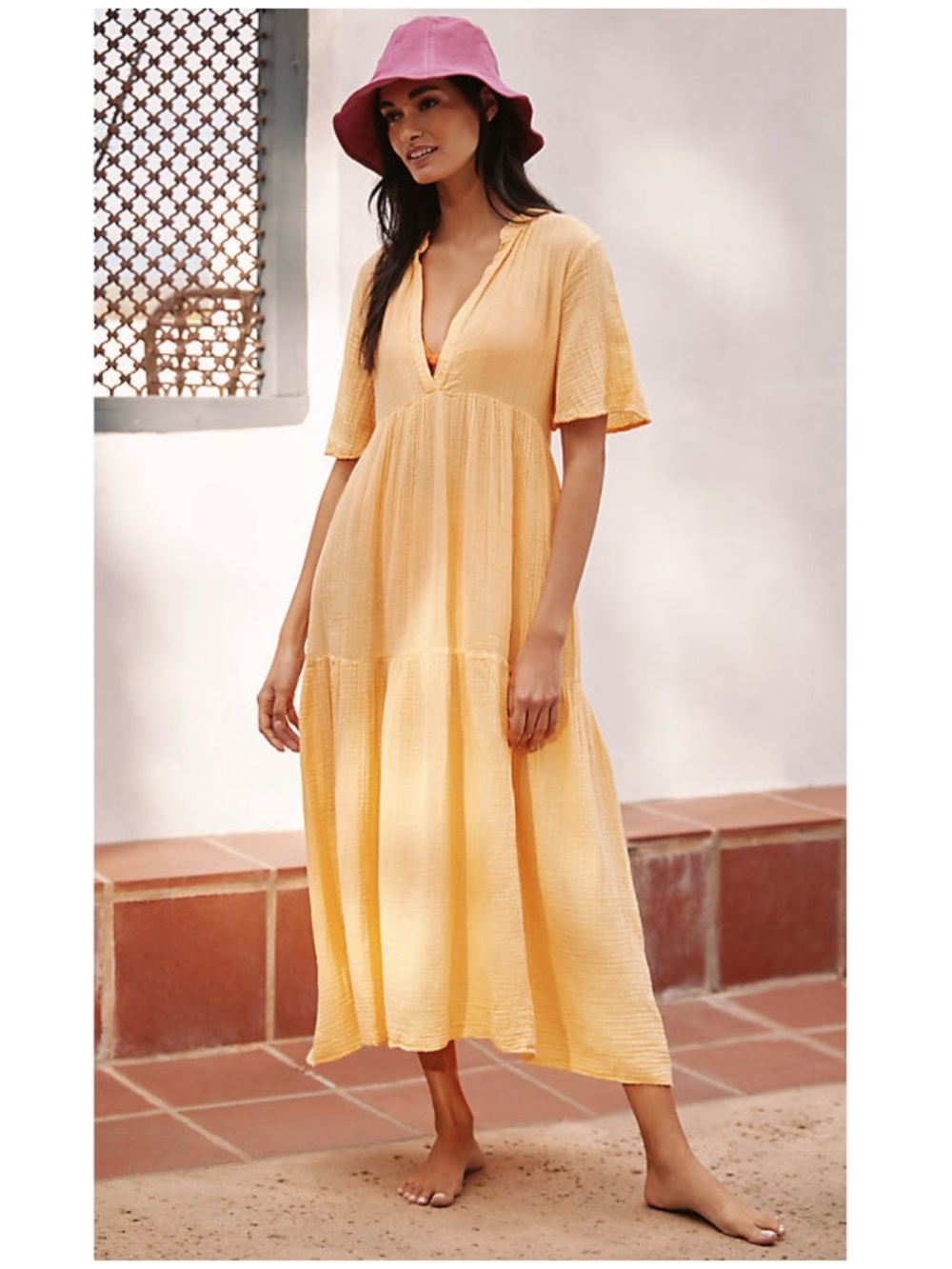 Anthropologie Celandine Kallie 100% Cotton Gauze Tiered Midi Dress Orange XSP